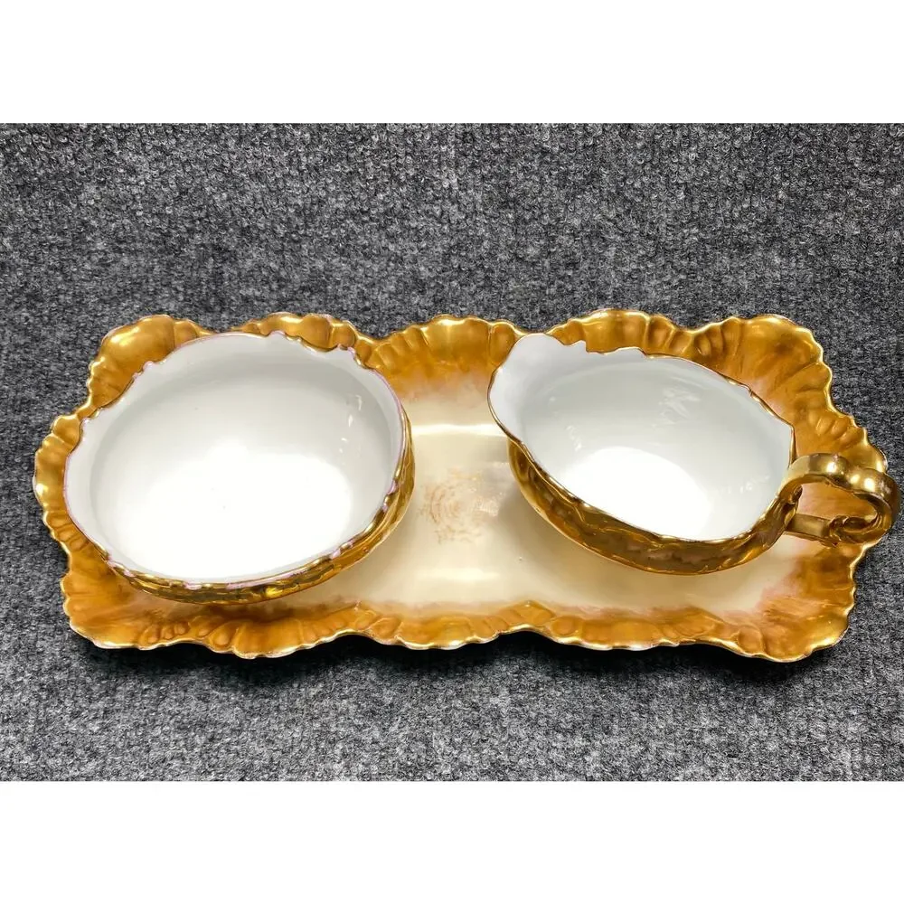 Haviland Limoges Porcelain Gold Gilded Creamer & Sugar Bowl w/Plate Set c1900